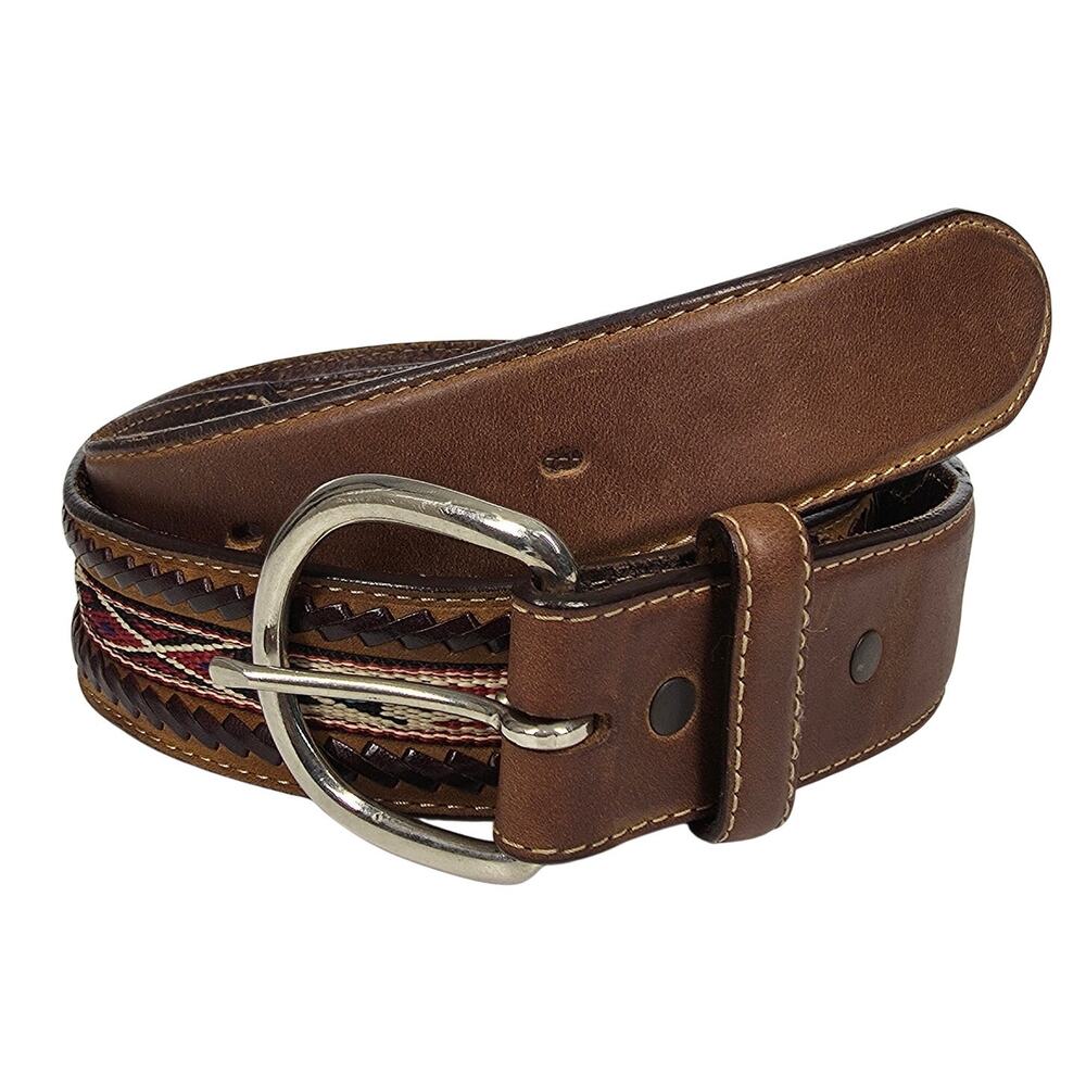 SILVER CREEK CLASSICS BROWN LEATHER WESTERN SIZE 34 BELT - AZTEC STYLE STITCH